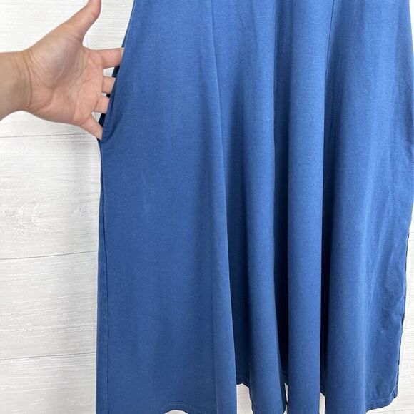 eShakti Midi Dress Size M Blue Fit Flare Asymmetric Puff Sleeve Jersey Cotton - Picture 6 of 14